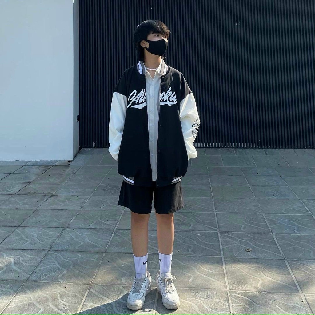 Bomber ❤️❤️ Áo khoác bomber bóng chày ALASKA ĐEN nam nữ mùa đông chống nắng vải dù cao cấp giá rẻ