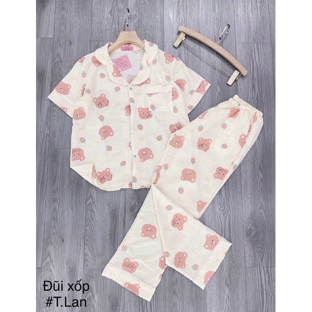Bộ pyjamas chất đũi xốp áo cộc quần dài nhiều hình dễ thương, Bộ ngủ xinh phong cách trẻ trung mùa hè