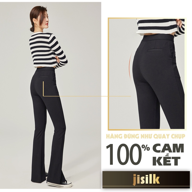 Quần ống loe jisilk xẻ gấu cạp cao hack dáng baggy vải công sở nữ màu đen Missy T.QDA-01