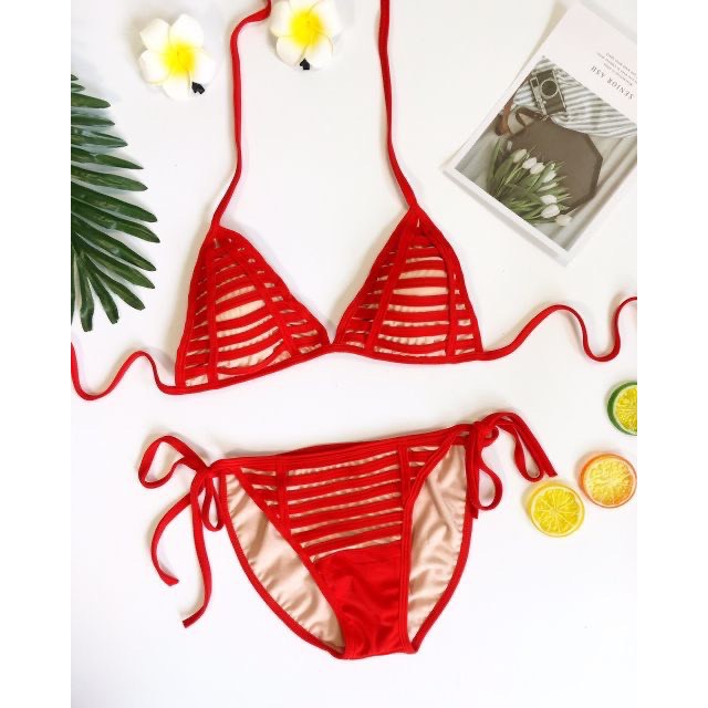 Bikini 2 Mảnh Tam Giác Sọc Ngang Đủ Màu, Đồ Bơi Đi Biển Cột Dây Sexy [Ảnh Chụp Thật] - OS079