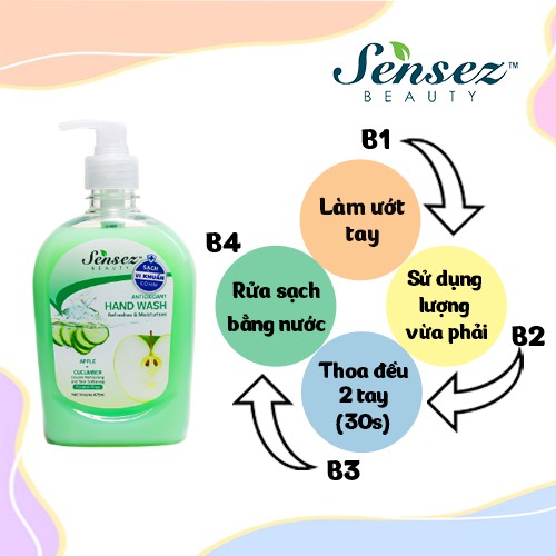 Nước Rửa Tay Chai Dưỡng Da Diệt Khuẩn Sensez Beauty Xà Bông Rửa Tay Dưỡng Ẩm Mềm Da 475ml - Hương Táo