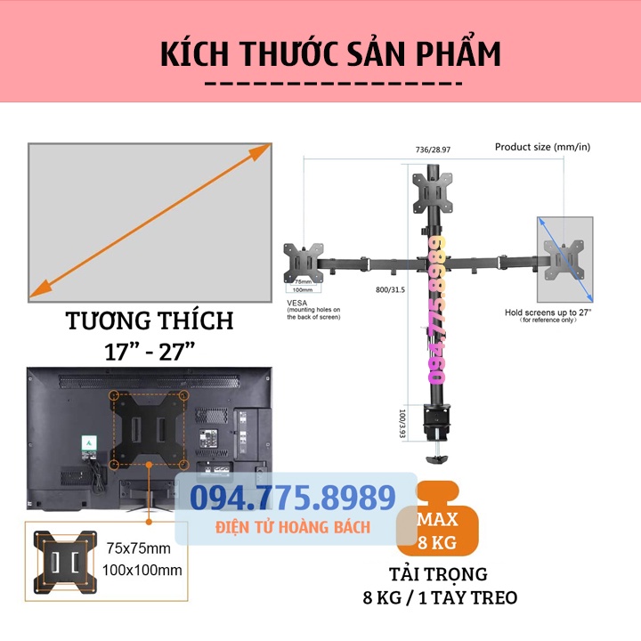 M053 / Giá Treo 3 Màn Hình ErgoTek E53 Cao Cấp 17 - 27 Inch / Tải Trọng 8Kg - Trụ 80Cm - Lắp Đặt Kẹp Bàn