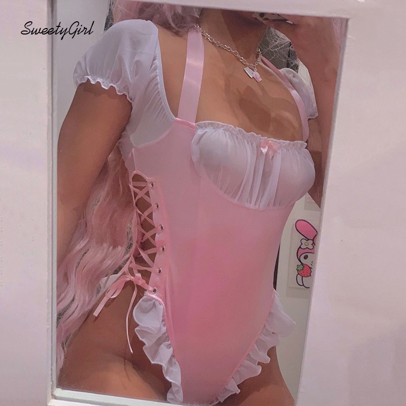 Sweety Girl Bộ Áo Liền Quần Nhún Bèo Hai Mảnh Màu Hồng Búp Bê Có Diềm Xếp Nếp 2022 Cho Nữ