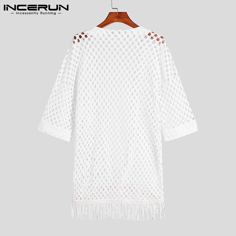Áo khoác cardigan Incerun tay lửng dáng rộng khoét lỗ phối tua rua cá tính dành cho nam