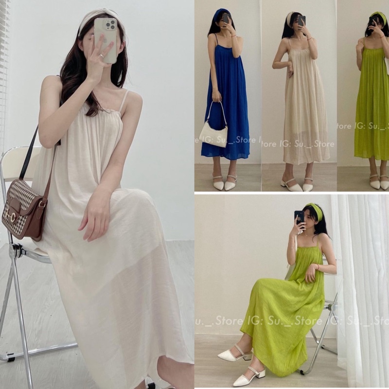 Váy maxi kèm turban chất đũi hai dây Đầm đũi mềm mịn hai lớp tiểu thư