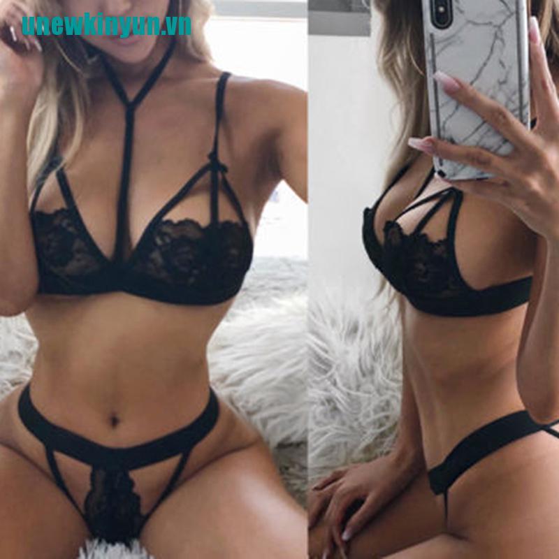 Yun♪1 Bộ Đồ Lót Ngủ Nữ G-string Thêu Ren Gợi Cảm