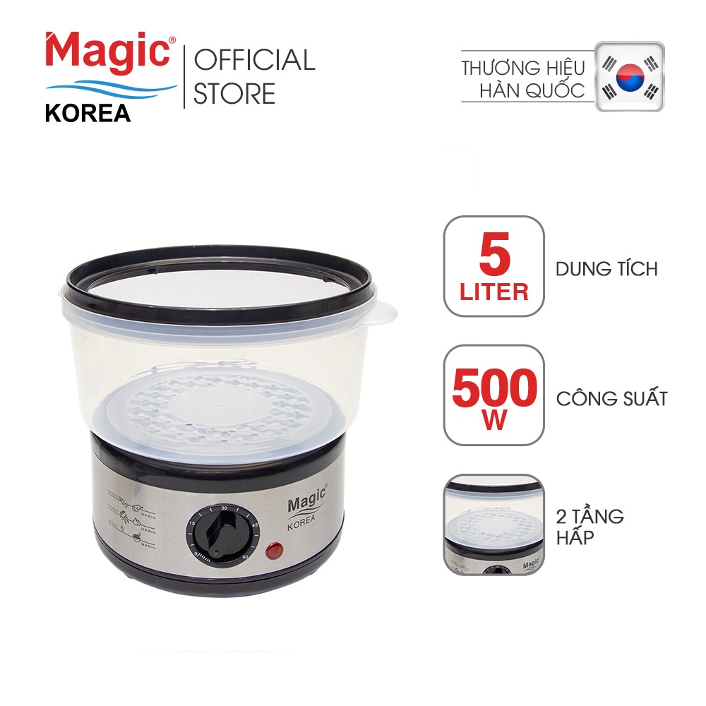 Máy hấp thực phẩm đa năng 2 tầng Magic Korea A-64, dung tích 5L hấp cùng lúc 2 con gà 1.1kg, bảo hành chính hãng