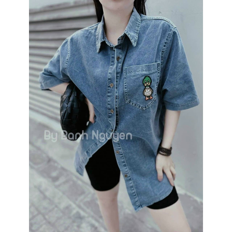 Áo sơ mi nữ jean form rộng tay ngắn thêu hình cute xinh 60 kí đổ lại
