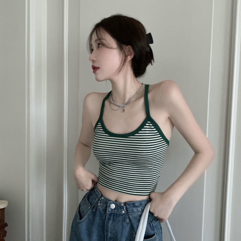 COZOK Áo Hai Dây Kẻ Sọc Màu Xanh Lá Gợi Cảm Cho Nữ