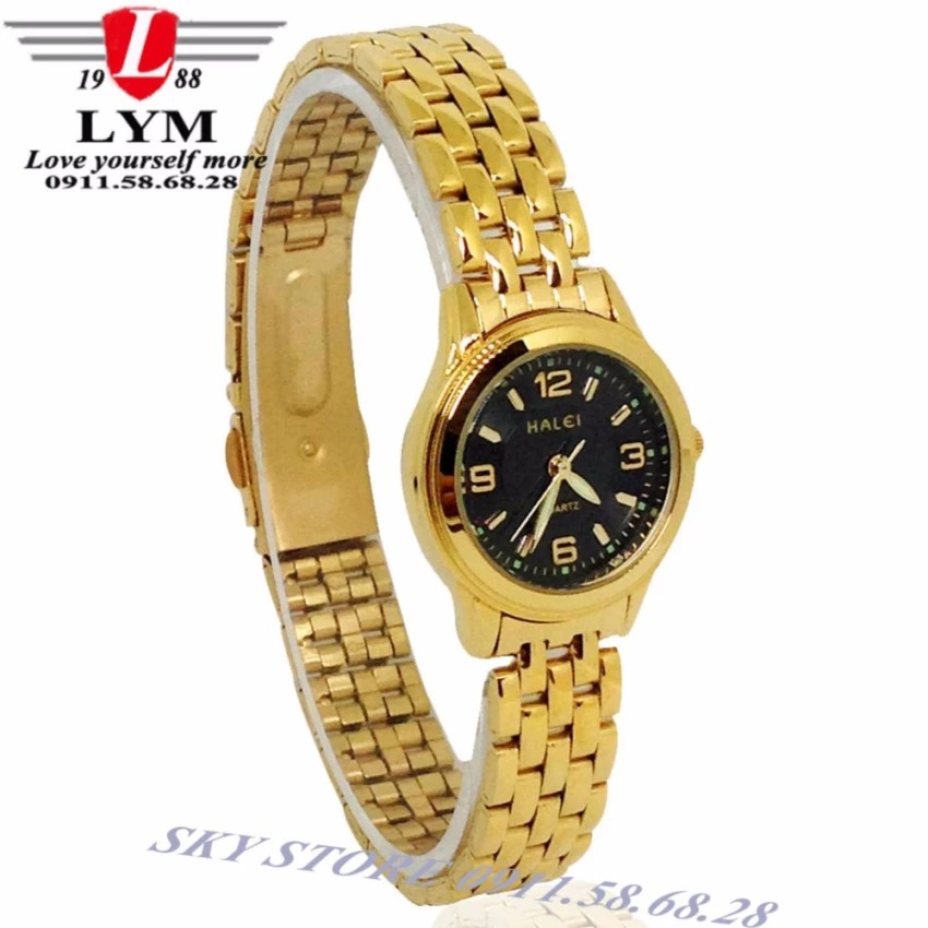 Đồng hồ đôi nam nữ dây thép mạ vàng cao cấp thời trang HALEI 461ML (mặt đen)