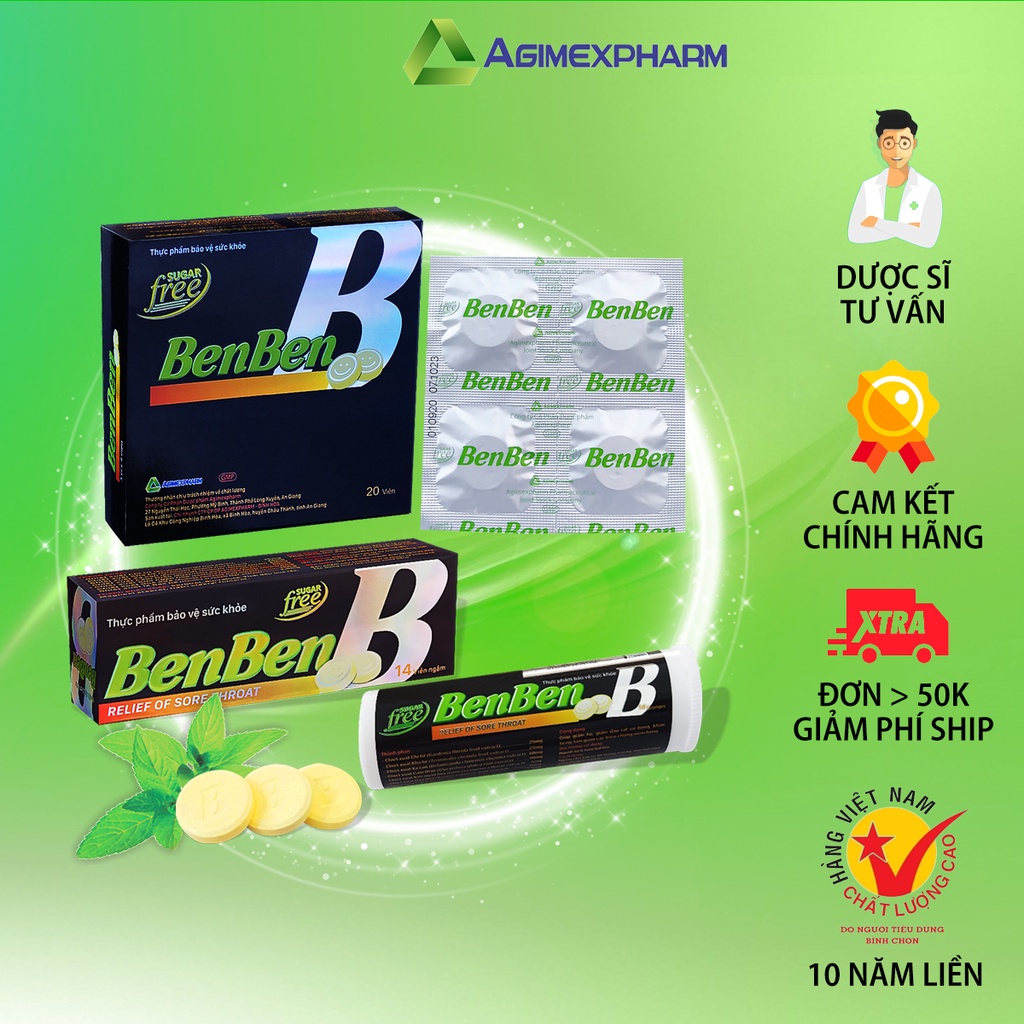 Viên ngậm thảo dược hỗ trợ giảm ho, đau họng, khan tiếng, nhiều đờm - BenBen - Tuýp 14 viên