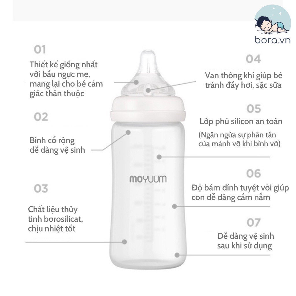 Bình sữa Moyuum thủy tinh tráng silicon Hàn Quốc 150ml 240ml
