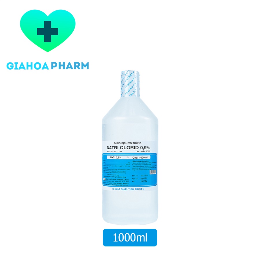 Dung dịch nước muối vô trùng natri clorid 0,9% 3/2  chai 1000ml /1 lít