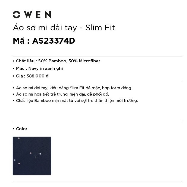 Áo Sơ Mi Nam Dài Tay Owen AS23374D Somi Công Sở Cao Cấp Màu Xanh Navy Chấm Bi Dáng Ôm Không Túi Chất Sợi Tre | BigBuy360 - bigbuy360.vn