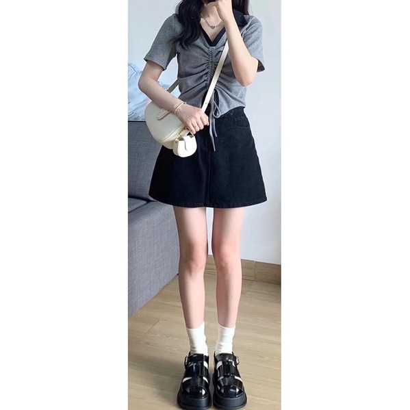 Áo Croptop Ghi cổ sơ mi dây rút ngực giữa Form đẹp phong cách năng động trẻ trung