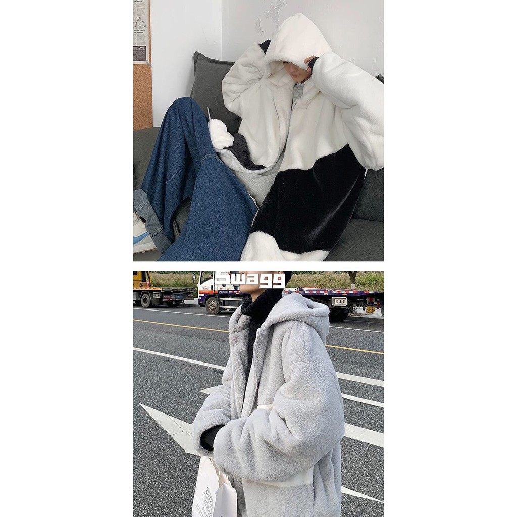 Áo Khoác Lông Cừu Có Mũ Trùm Dáng Rộng Phối Khóa Kéo Thời Trang Mùa Đông Hàn Quốc Dành Cho Nam