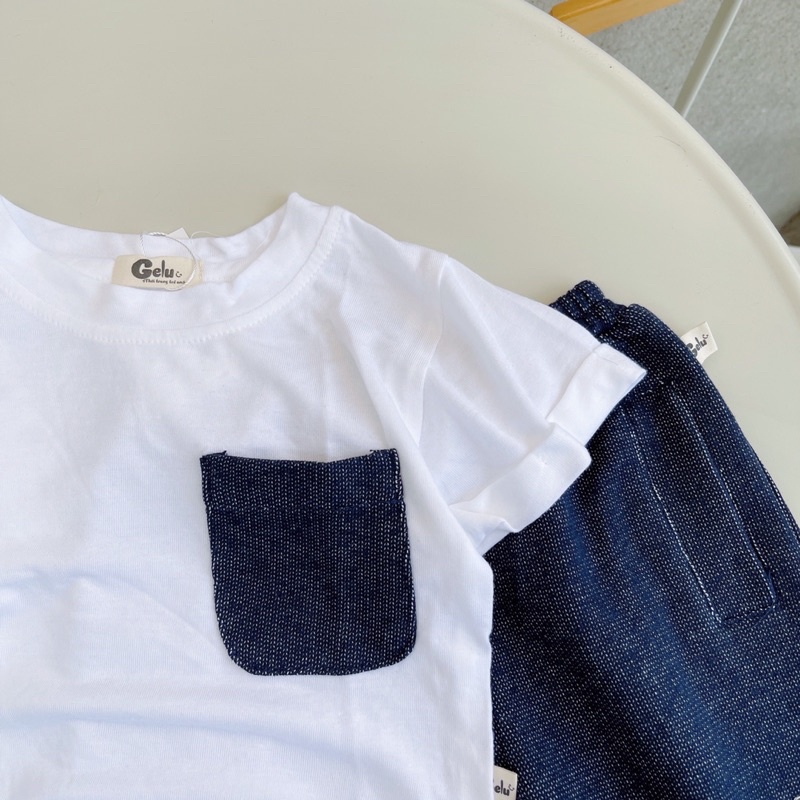 Bộ short cotton áo trắng đáp ngực bé trai-MS92