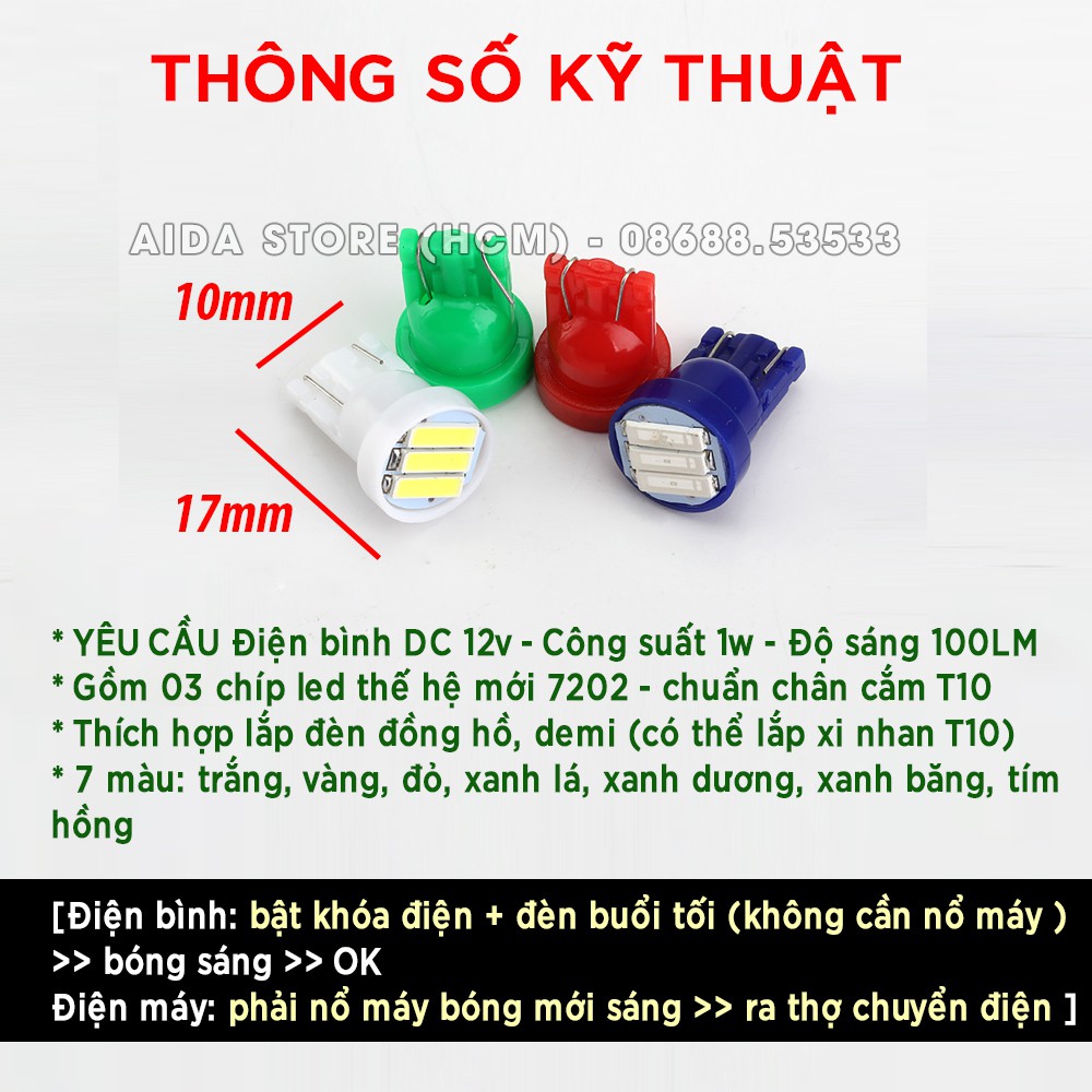 Bóng đèn led T10 gắn mặt đồng hồ, demi xe máy 3SMD 7202 DC12v