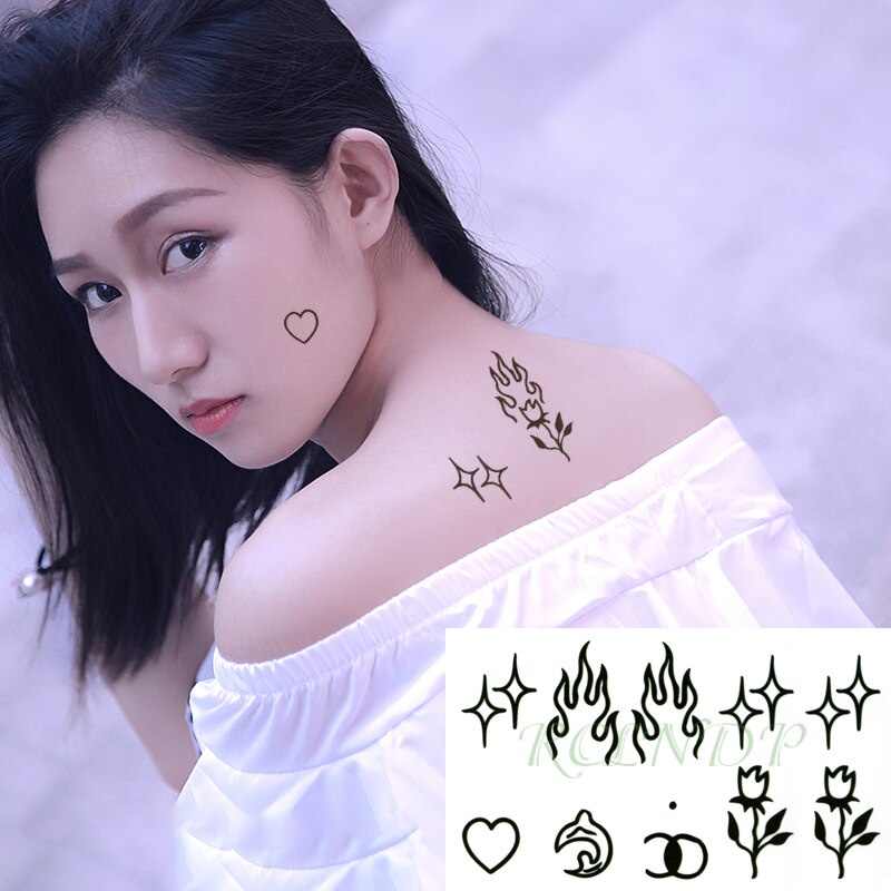 Set 10 nhãn dán hình xăm tạm thời lâu trôi chống thấm nước hình trái tim/ ngôi sao/ lửa/ hoa