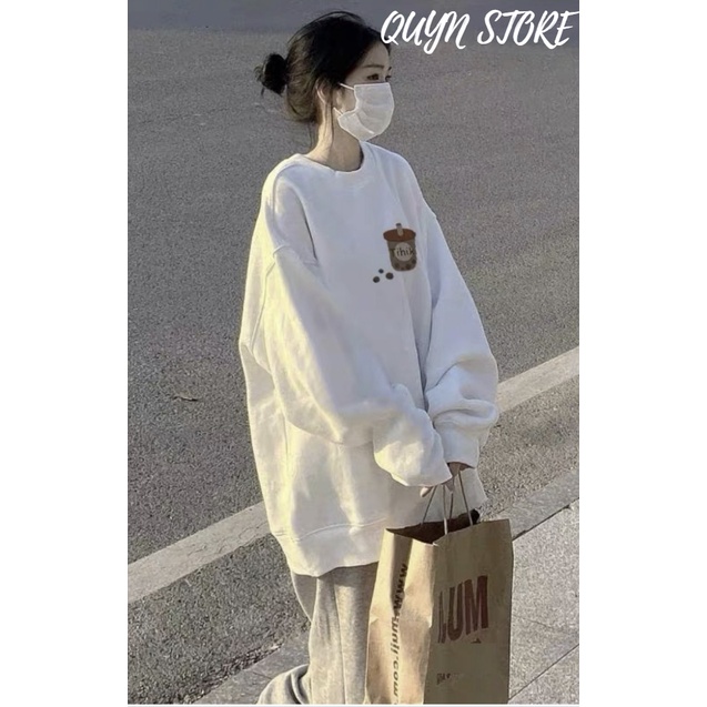 Áo sweater nỉ bông Tihik QUYN STORE - Áo nỉ form rộng tay phồng dáng học sinh hàn quốc cute