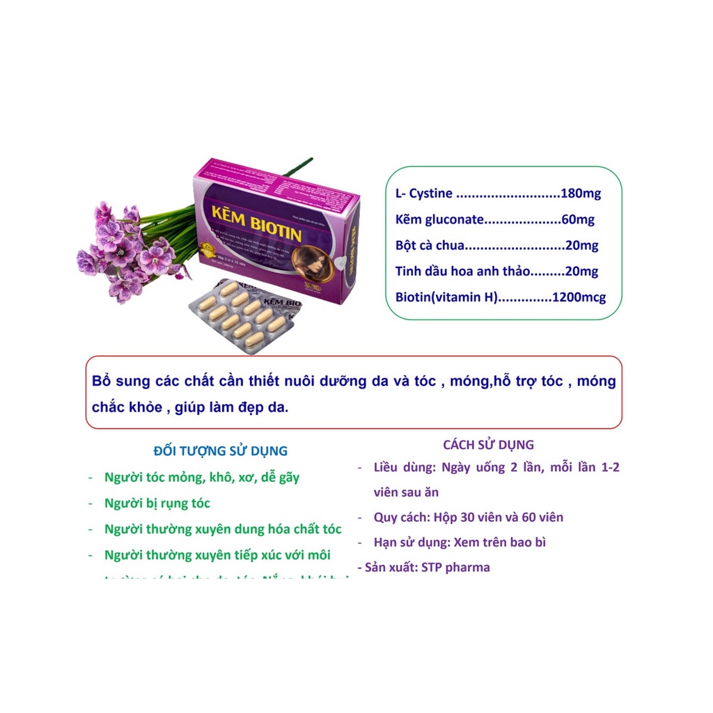 Viên uống bổ sung Kẽm Biotin Giúp tóc chắc khỏe ngăn gãy rụng làm sáng đẹp làn da hộp 60 viên