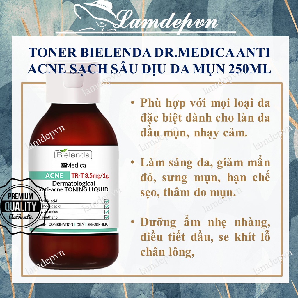 Toner Bielenda Dr Medica Anti-acne Dermatological Toning Liquid làm sạch sâu &amp; dịu da, giảm mụn, kiềm dầu nhờn