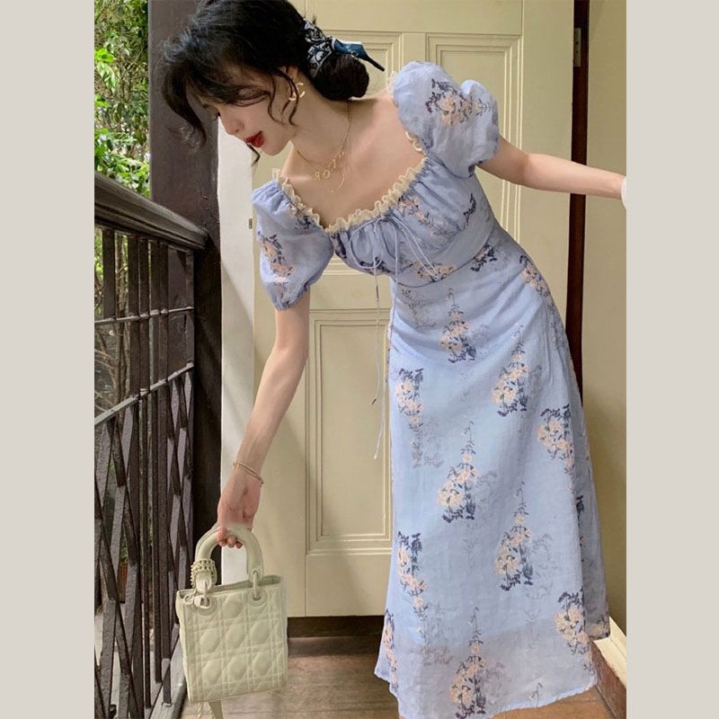 Đầm Tay Phồng Cổ Vuông In Hoa Màu Xanh Dương Phong Cách Mới Thời Trang Mùa Hè Xinh Xắn