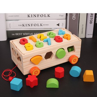 Đồ chơi xe gỗ thả khối hình học kèm số đếm phát triển trí não, xe kéo thả hình kèm số đếm