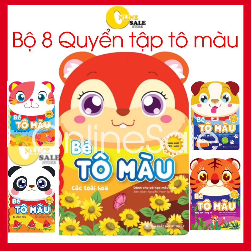 [Tặng Túi] Bộ 8 quyển vở tập tô màu cho bé với 8 chủ đề khác nhau, song ngữ, hình ảnh lớn Kích thước 17x24cm