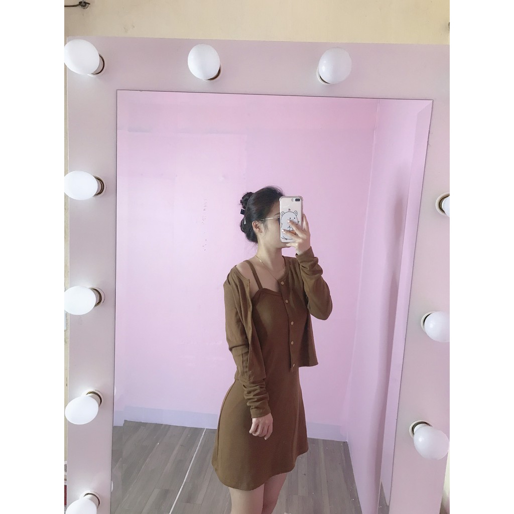 Áo cadigan dài tay chất len tăm mix váy hai dây dáng suông ulzzang anashop9x