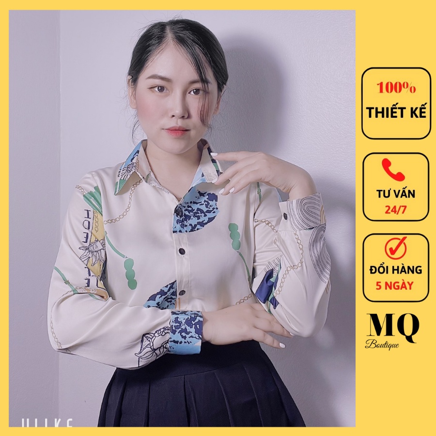 Áo sơ mi nữ lụa dài tay cao cấp công sở họa tiết xích đốm màu xanh đỏ vàng , áo sơ mi họa tiết thiết kế MQ Boutique