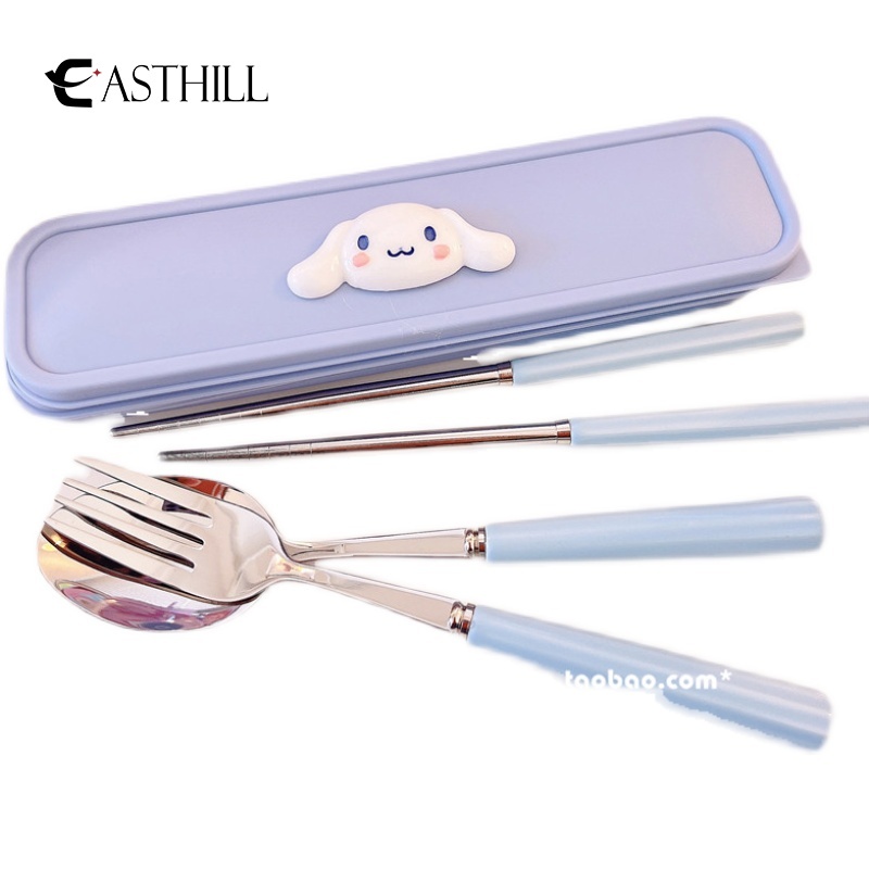 SANRIO Bộ Muỗng Đũa Nĩa Kèm Hộp Đựng Bằng Thép Không Gỉ In Hình Cinnamoroll Kitty Cinnamoroll Dễ Thương