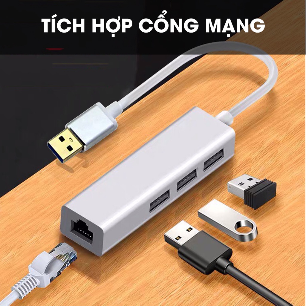 Hub USB kết nối mạng Lan RJ45, Hub chia ra 3 cổng USB 3.0  mở rộng kết nối chuyển đổi cho laptop, PC tốc độ cao