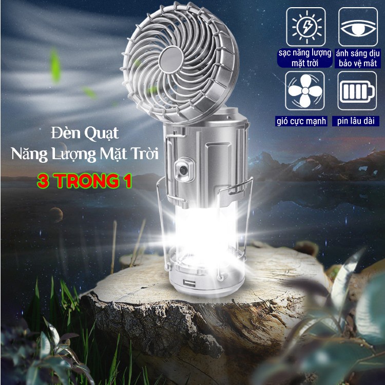 Đèn năng lượng mặt trời, đèn tích điện 3in1 chiếu sáng, kèm quạt tích điện và sạc điện thoại siêu tiện lợi