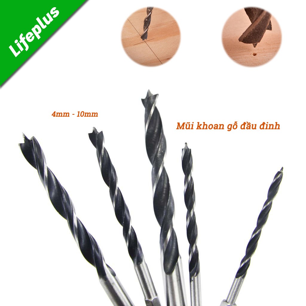 Bộ 5 mũi khoan gỗ đầu đinh 4-10mm chuôi lục thép Cacbon