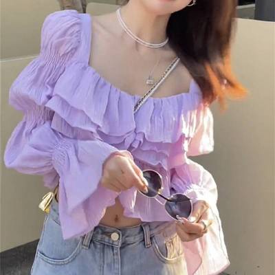 Áo Kiểu Vải Voan Tay Dài Phồng Cổ Vuông Hở Eo Phong Cách Hàn Quốc Quyến Rũ Dành Cho Nữ