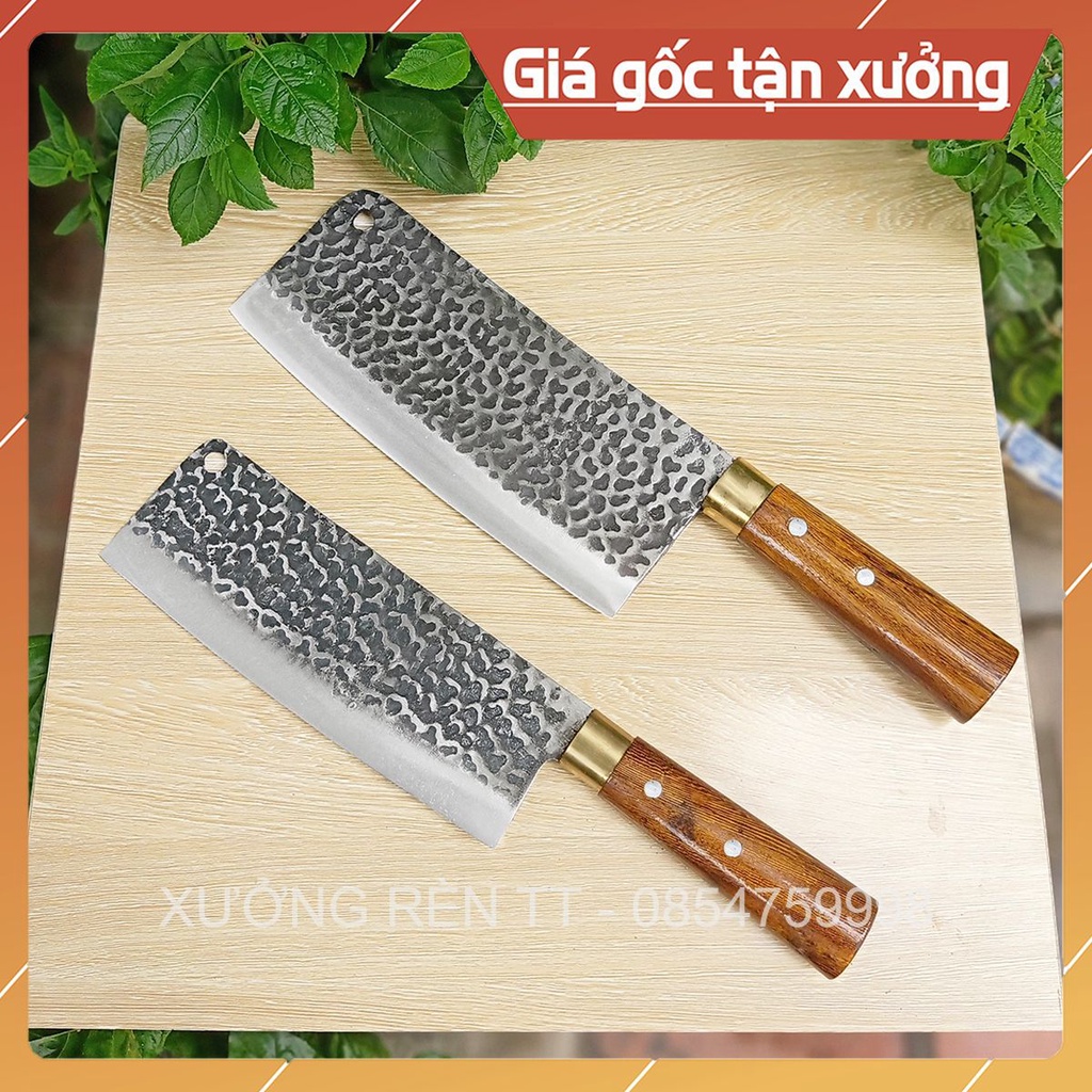 Bộ 2 Dao Chặt, Thái Rèn Từ Thép Nhíp Dập Vân 2 Mặt Cao Cấp - Cán Cẩm Chỉ Khâu Đồng