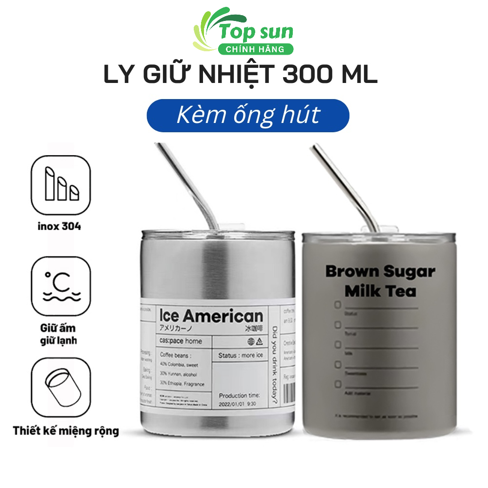 Ly giữ nhiệt 300ml chất liệu inox 304 đúc có nắp đậy gioăng silicon trống chàn tặng kèm ống hút Inox sang xịn mịn