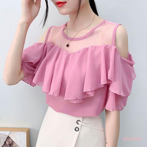 Áo Chiffon Tay Ngắn Hở Vai Dáng Rộng Thời Trang Quyến Rũ Cho Nữ