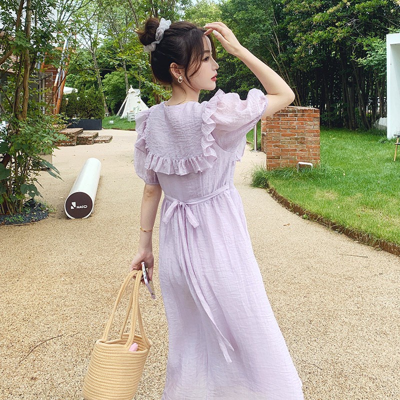 Đầm bánh bèo nữ dáng dài cổ nơ tay bồng HHY427, váy maxi babydoll nơ lưng tay bồng chun cổ bản to