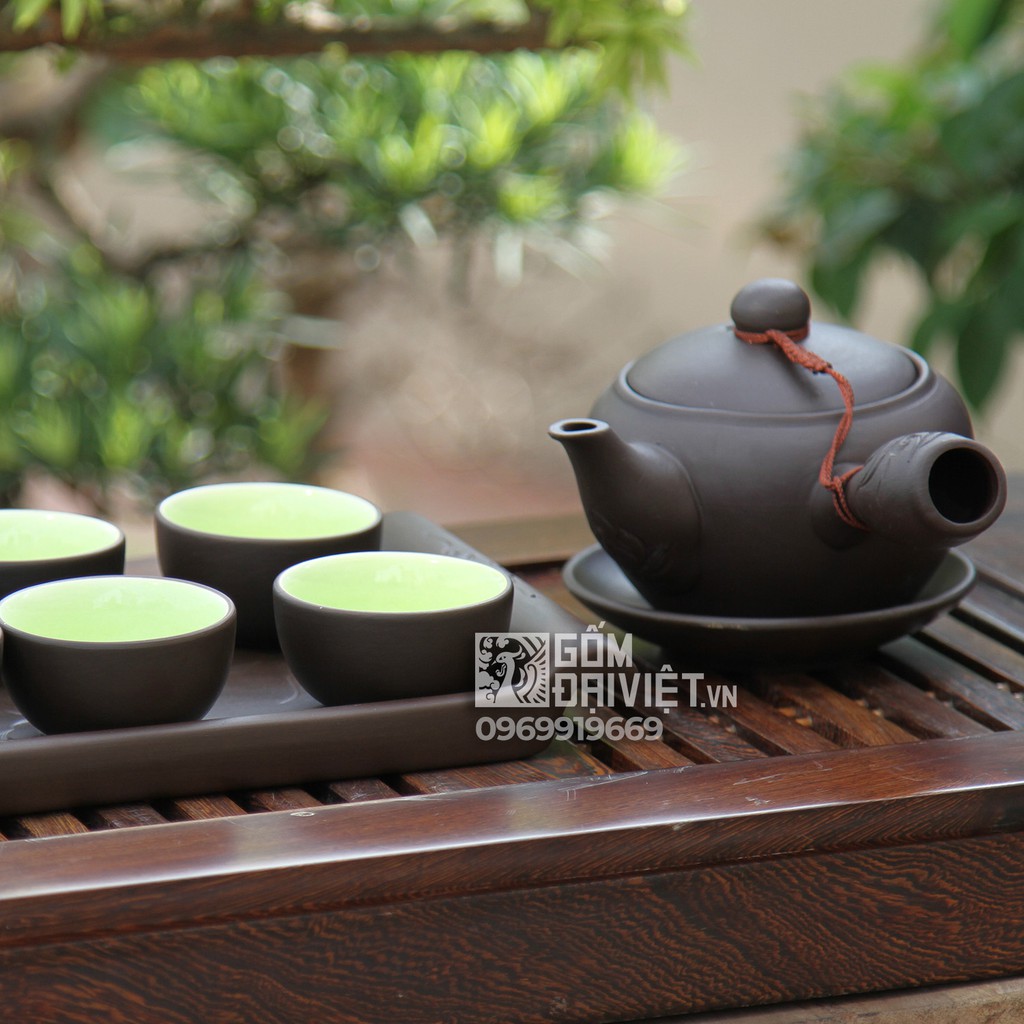 Bộ ấm trà tử sa Bát Tràng quai cầm khay chữ nhật đen