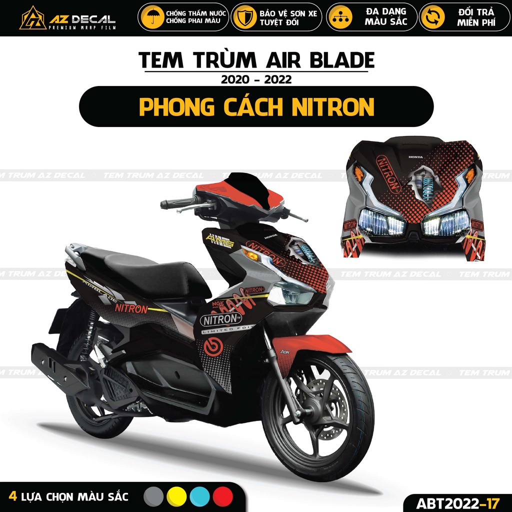 Tem Trùm Xe Airblade Mẫu Nitron | ABT2022-17 | Decal Dán Xe AB 2020 - 2022 Đẹp Màu Đen Đỏ Vàng Xanh Xám