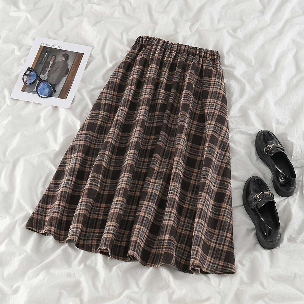 NUZIRO  Chân váy chữ A lưng cao dài đến bắp chân chất liệu len họa tiết sọc caro phong cách retro Hàn Quốc