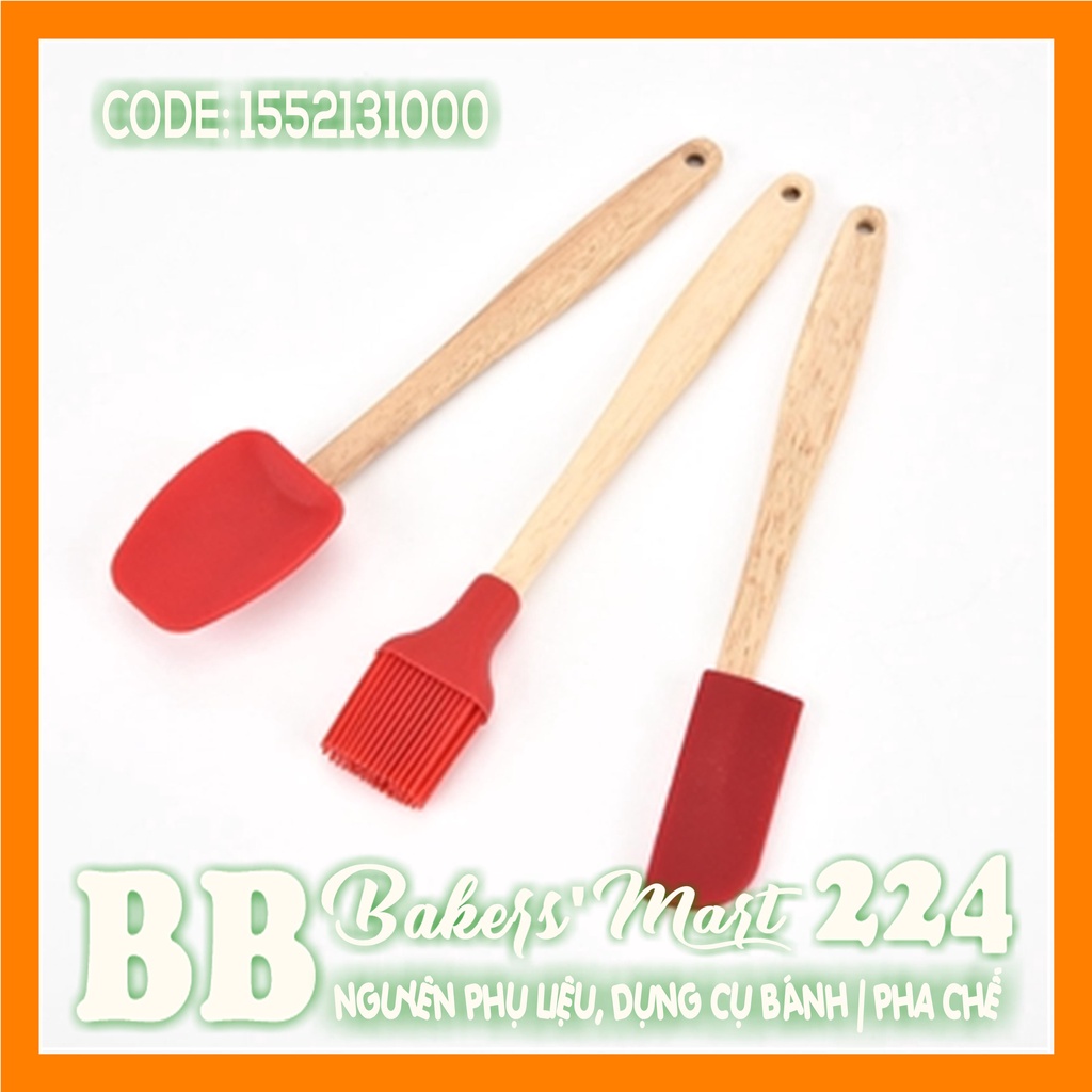 Combo bộ dụng cụ CÁN GỖ 3 món NHỎ: 01 Spatula vét, 01 Spatula muỗng, 01 chổi quét silicone (MÀU NGẪU NHIÊN) (TL3208)