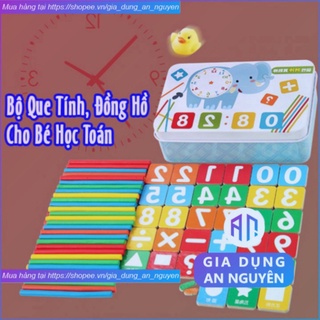 Bộ ghép số và que tính kèm dấu, đồng hồ cho bé mầm non lớp 1 học toán, tập tính nhẩm bằng gỗ -GDAN