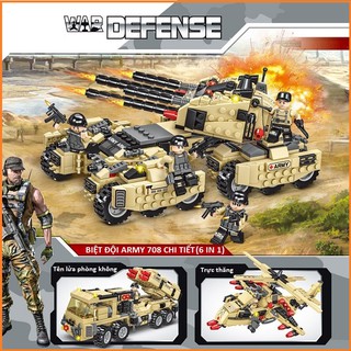 [708 CHI TIẾT] Bộ Lego lắp ráp xếp hình BIỆT ĐỘI PHÒNG KHÔNG ARMY bao gồm XE TĂNG 4 NÒNG, XE QUÂN SỰ, TRỰC THĂNG