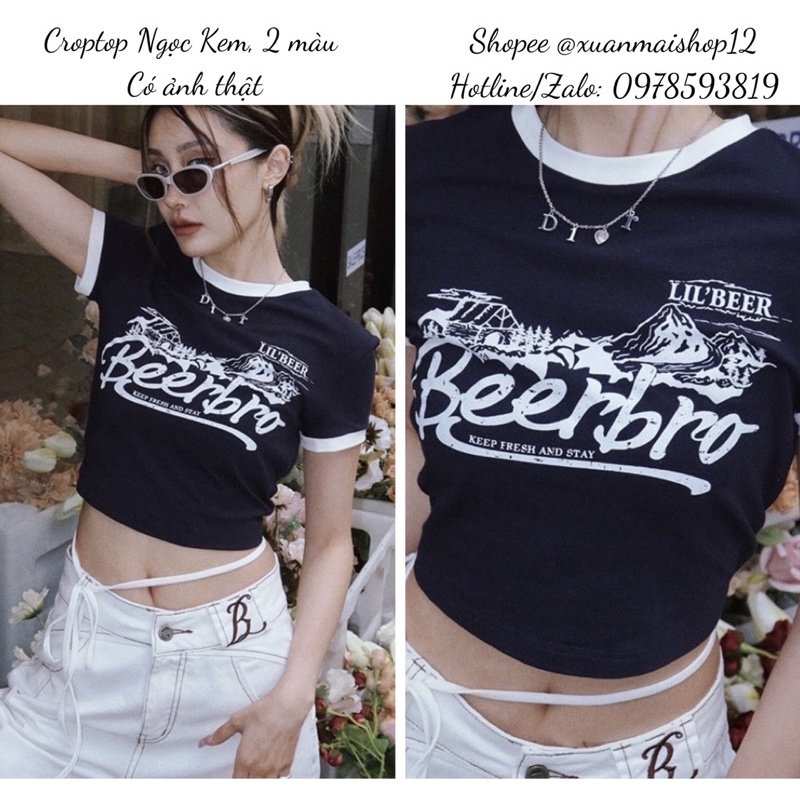 [FREESHIP] Áo croptop nữ tay ngắn cổ tròn viền cột dây giống Ngọc Kem mặc