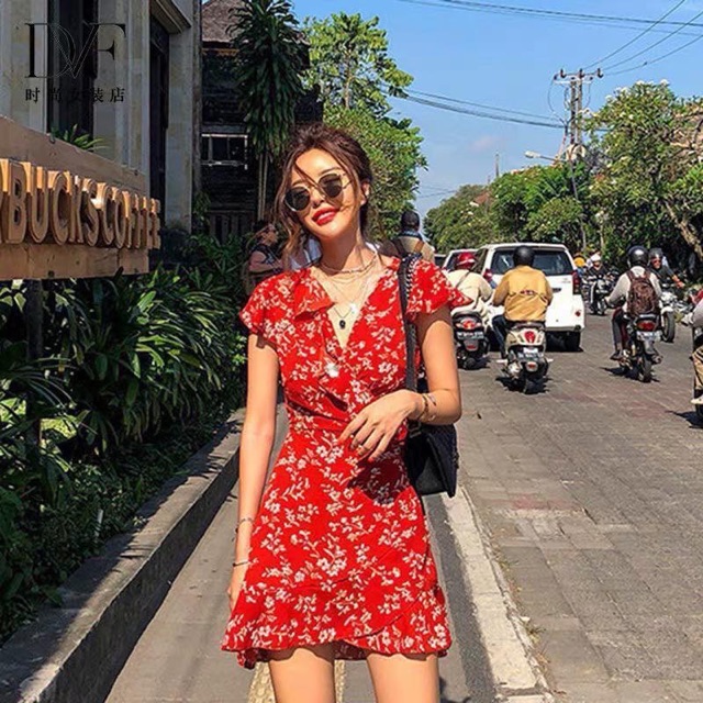 Đầm Đỏ Orla Dress chất voan hàng nhập quảng châu váy thiết kế hoạ tiết hoa vạt chéo cột ngay eo from chuẩn basic | BigBuy360 - bigbuy360.vn