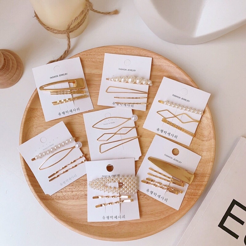 Set 3 kẹp tóc kim loại đính ngọc giả xinh xắn cho nữ