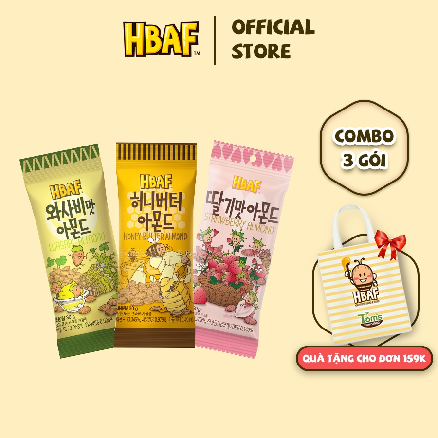 Combo 3 gói hạt hạnh nhân tẩm vị HBAF Hàn Quốc 30g (vị Bơ Mật Ong, Wasabi, Dâu)